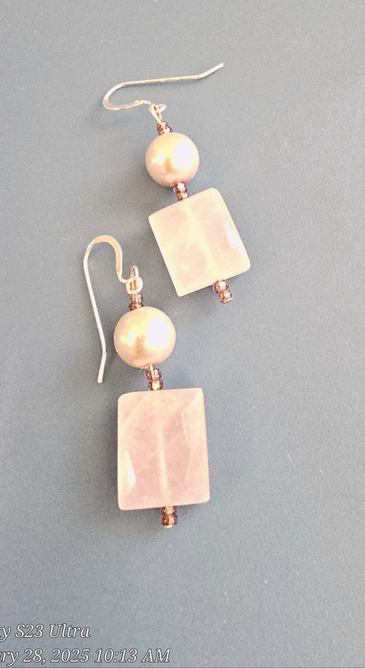 Gold Rose Quartz Square Stone Earrings